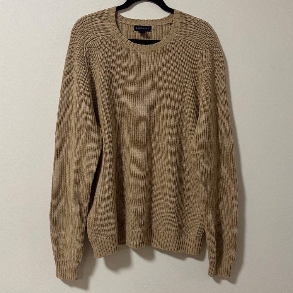 LANDS' END (L) Cotton Drifter Saddle Crewneck Shaker Sweater Tan - Picture 2 of 8